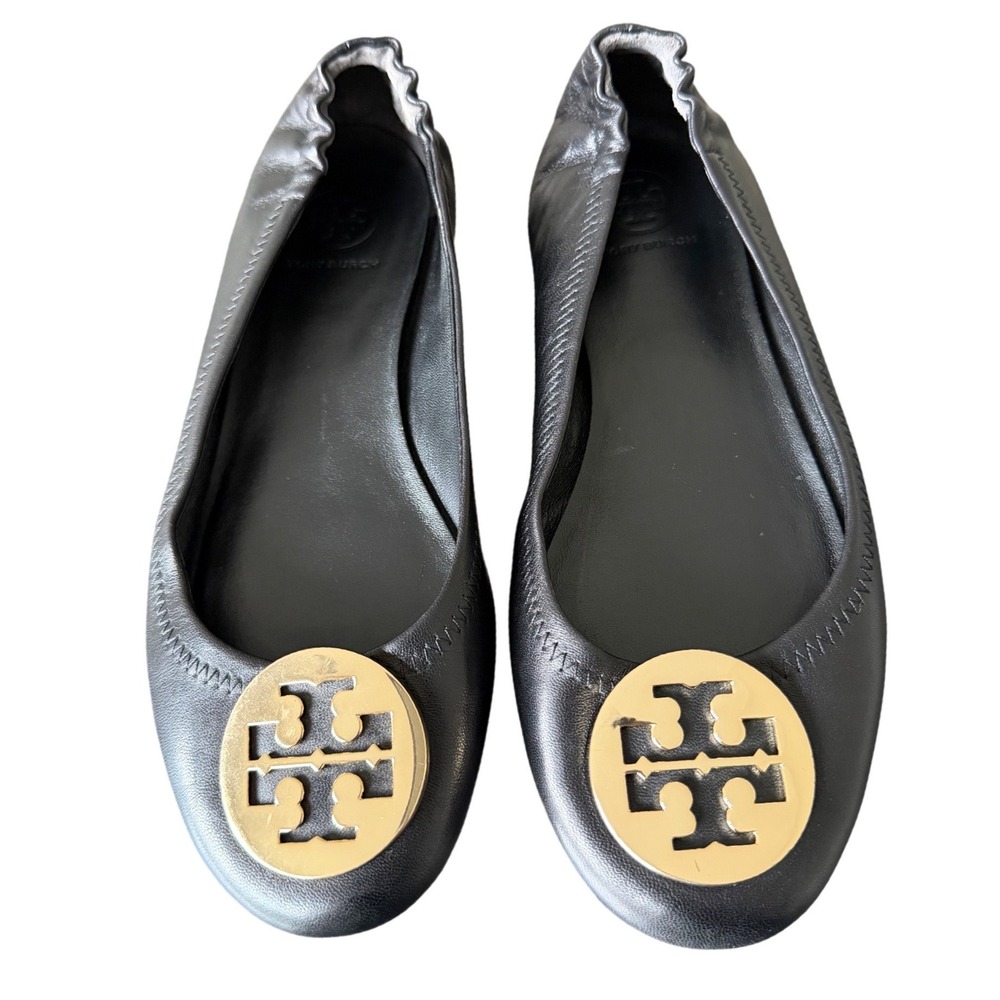 Tory Burch Reva Ballet Flats Black Leather Gold Logo Medallion Size 7.5M